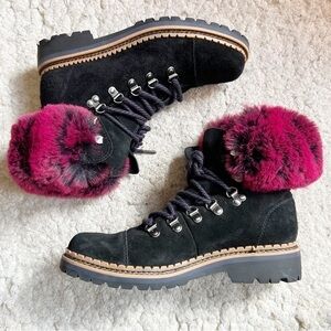 Sam Edelman Women's Bowen Black Suede Faux Maroon Fur Lace Up Fashion Boot